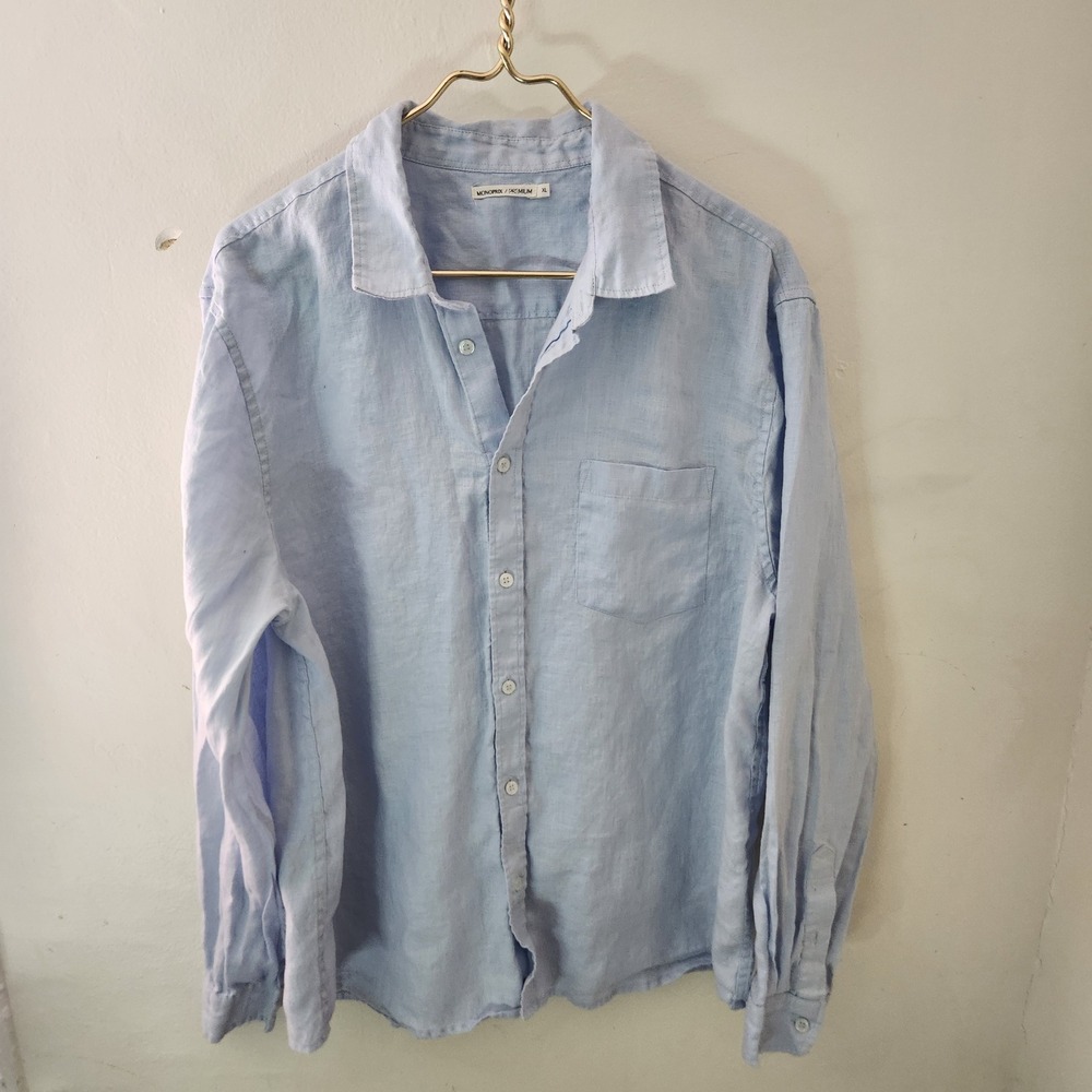 Monoprix Premium Mens XL Light Blue 100% Linen Long Sleeve Button Down Shirt
